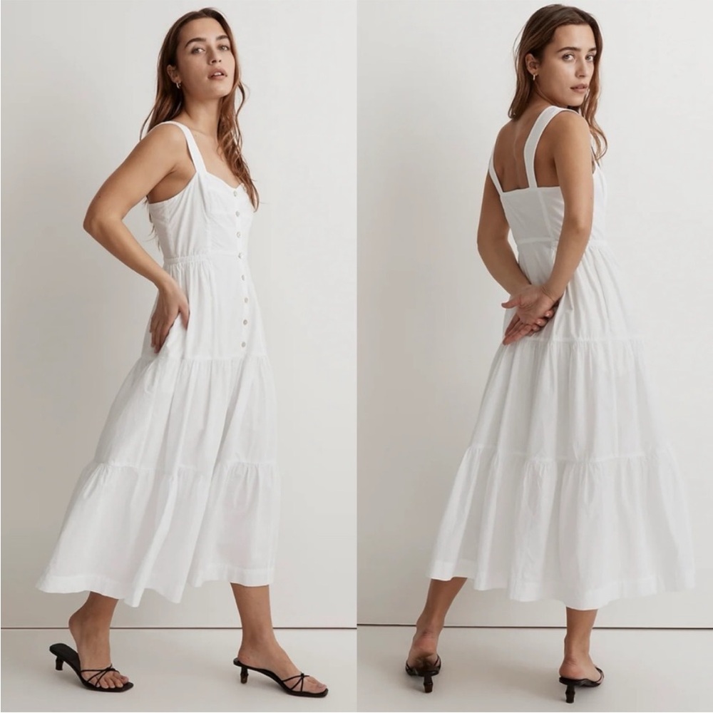Madewell Button-Front Tiered Midi Dress White Pockets 100% Cotton Size 8